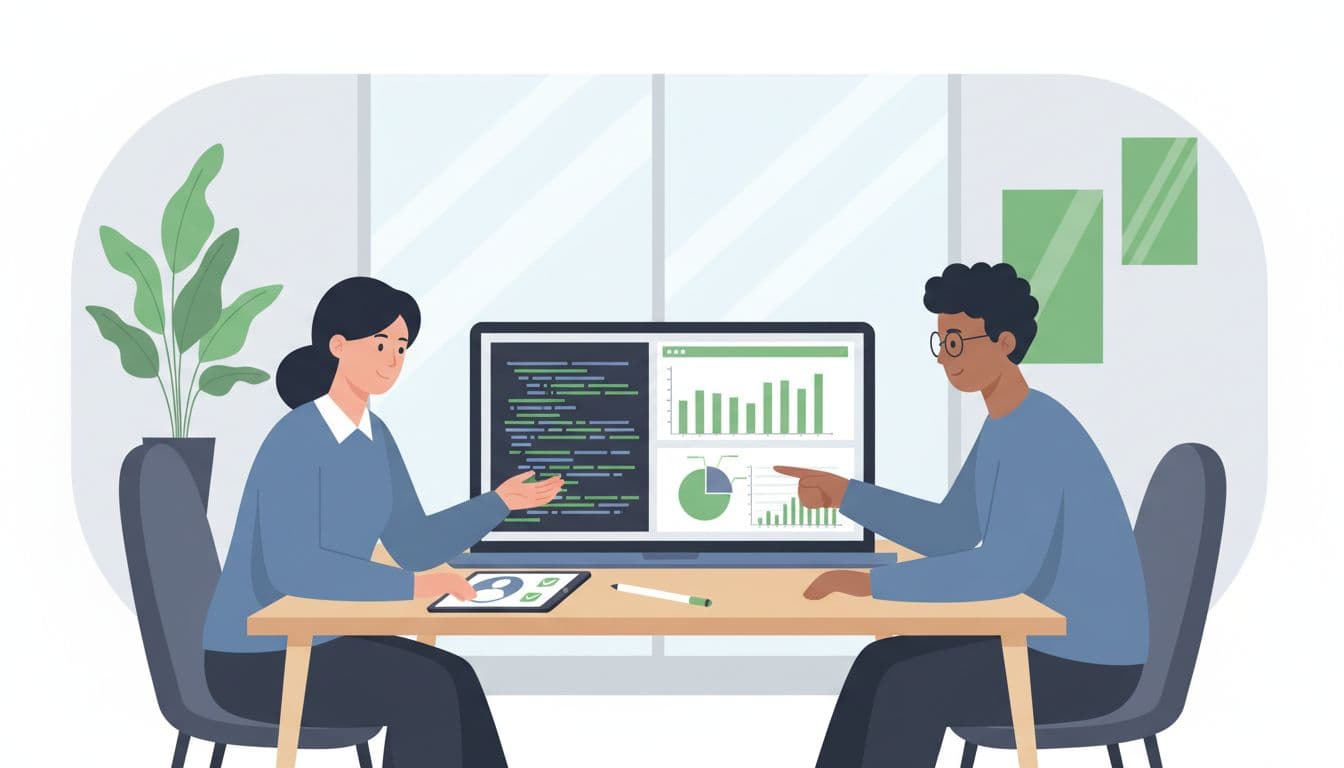 Modern illustration of a recruiter and diverse candidate at a desk with laptop showing code or charts, simple office background, green accents, soft lighting.