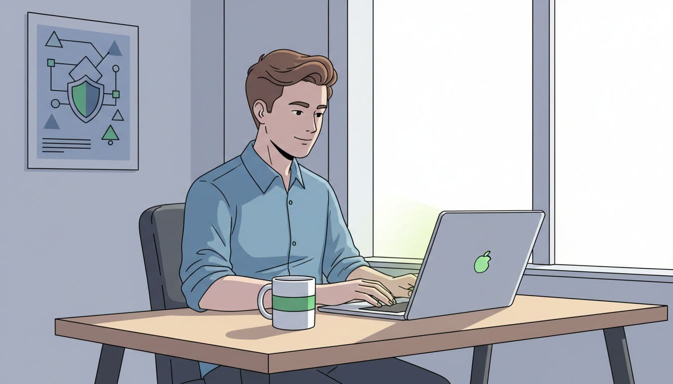 Illustration of a recruiter at a modern desk thoughtfully typing a personalized outreach message on a laptop, coffee mug nearby, relaxed pose, subtle cybersecurity poster in background. Modern illustration style with clean shapes, controlled colors, natural daylight lighting, strong centered composition.