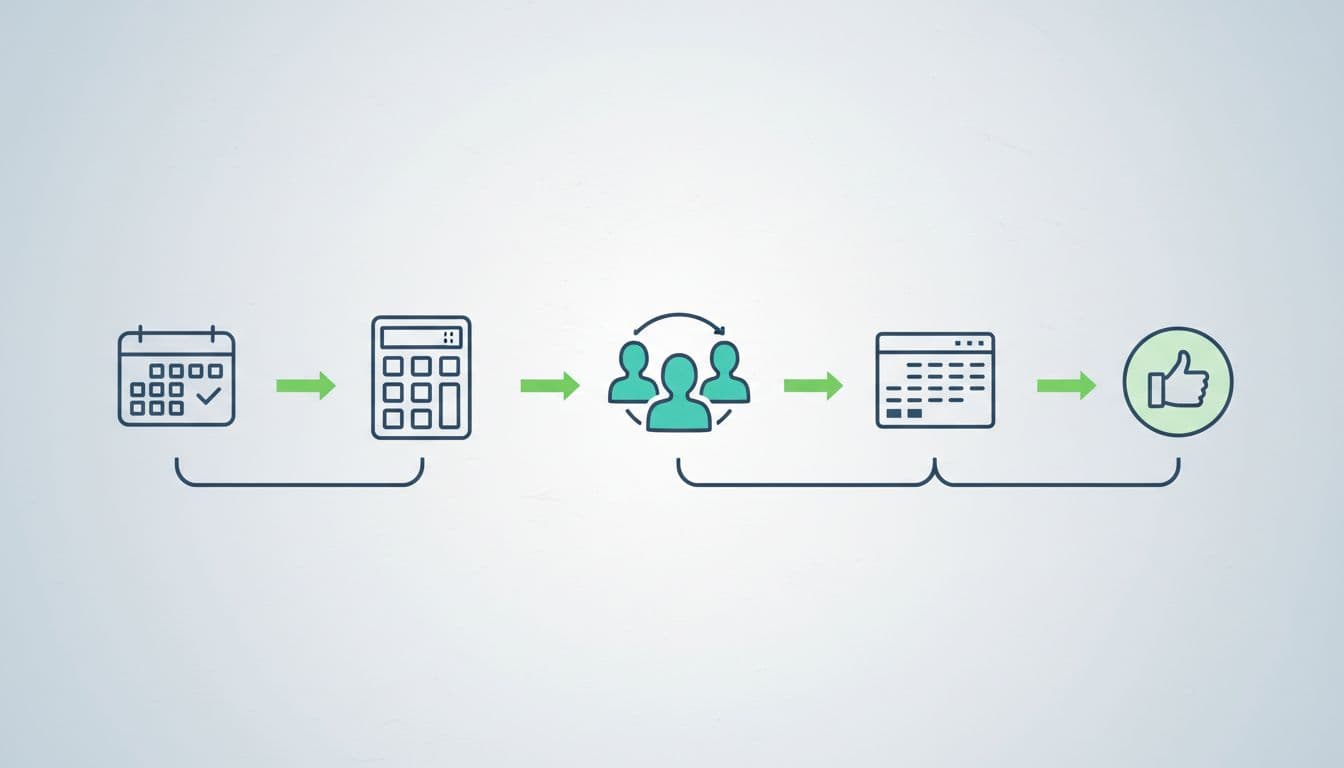 Horizontal flowchart illustration with five connected icons: calendar for planning, calculator for analysis, meeting silhouettes for collaboration, spreadsheet for modeling, and thumbs up for approval, accented with green arrows on a subtle gradient background.