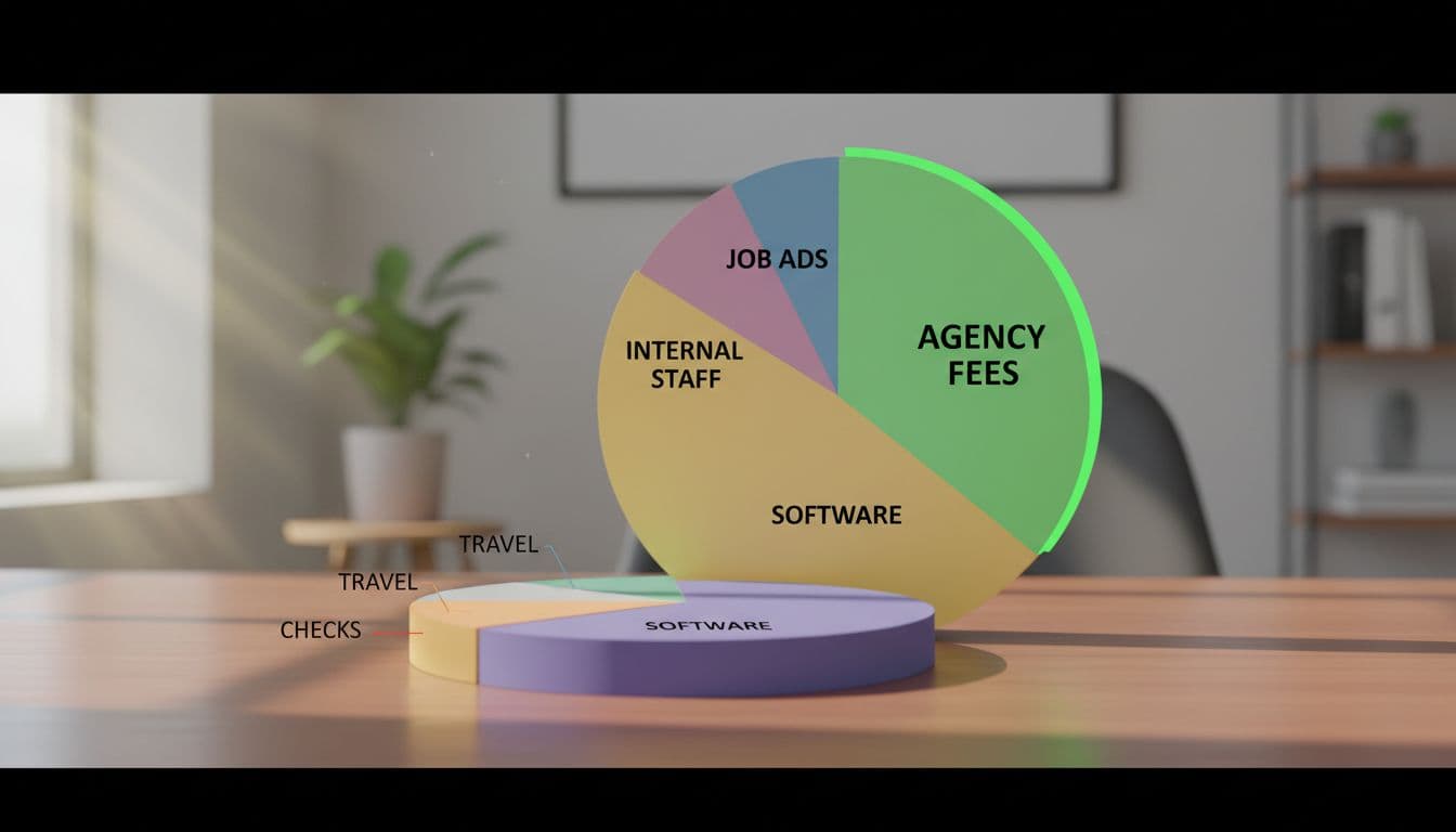 Modern illustration of a pie chart on a wooden desk in a bright office, depicting recruitment budget categories with the largest slice for agency fees.