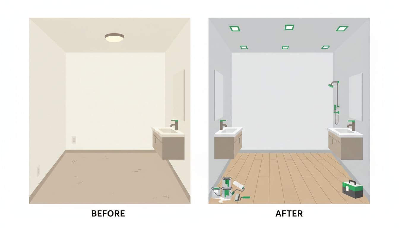 Modern illustration sequence showing rental property upgrades: plain unit before on the left, refreshed with fresh paint, modern fixtures, tools, and paint cans after on the right. Split left-right composition with clean shapes and green accents on new fixtures.