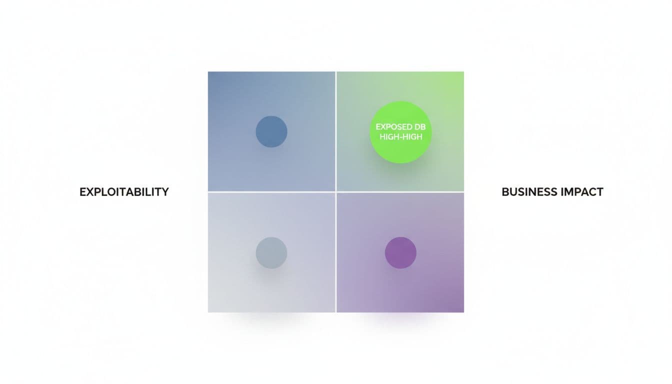 Minimalist 2x2 illustration of a risk prioritization matrix with business impact on horizontal axis and exploitability on vertical axis, featuring asset dots with high-risk in green accent zone.