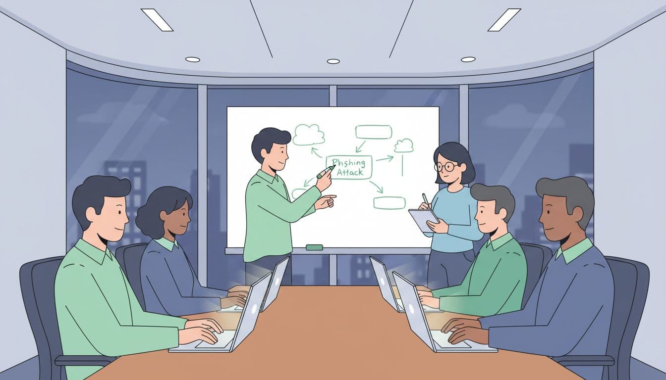 Modern illustration of a security champion training session in a conference room, with a trainer sketching a phishing attack flow on the whiteboard and five participants taking notes on laptops.