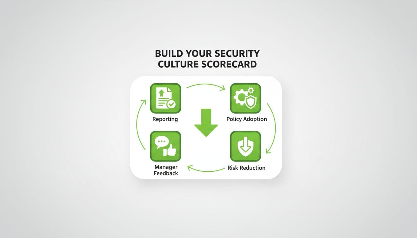 Modern illustration of a simple flowchart or scorecard with icons for reporting, policy adoption, manager feedback, and risk reduction arrows. Features clean shapes, green accents, centered composition, and soft lighting with no text or people.