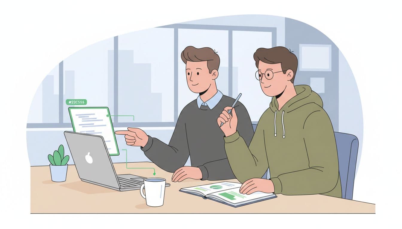 Modern illustration of a security engineer and developer collaborating on code review at a desk with laptop and notebook in a neutral office, side view with clean shapes and green accents.
