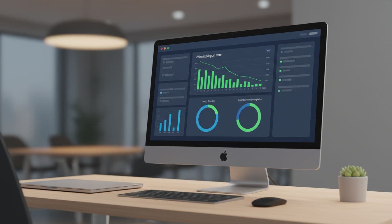 Modern illustration of a digital dashboard on a laptop screen displaying security metrics like phishing report rates and training completion rates, set on an office desk with ambient lighting and a clean green-blue color palette.