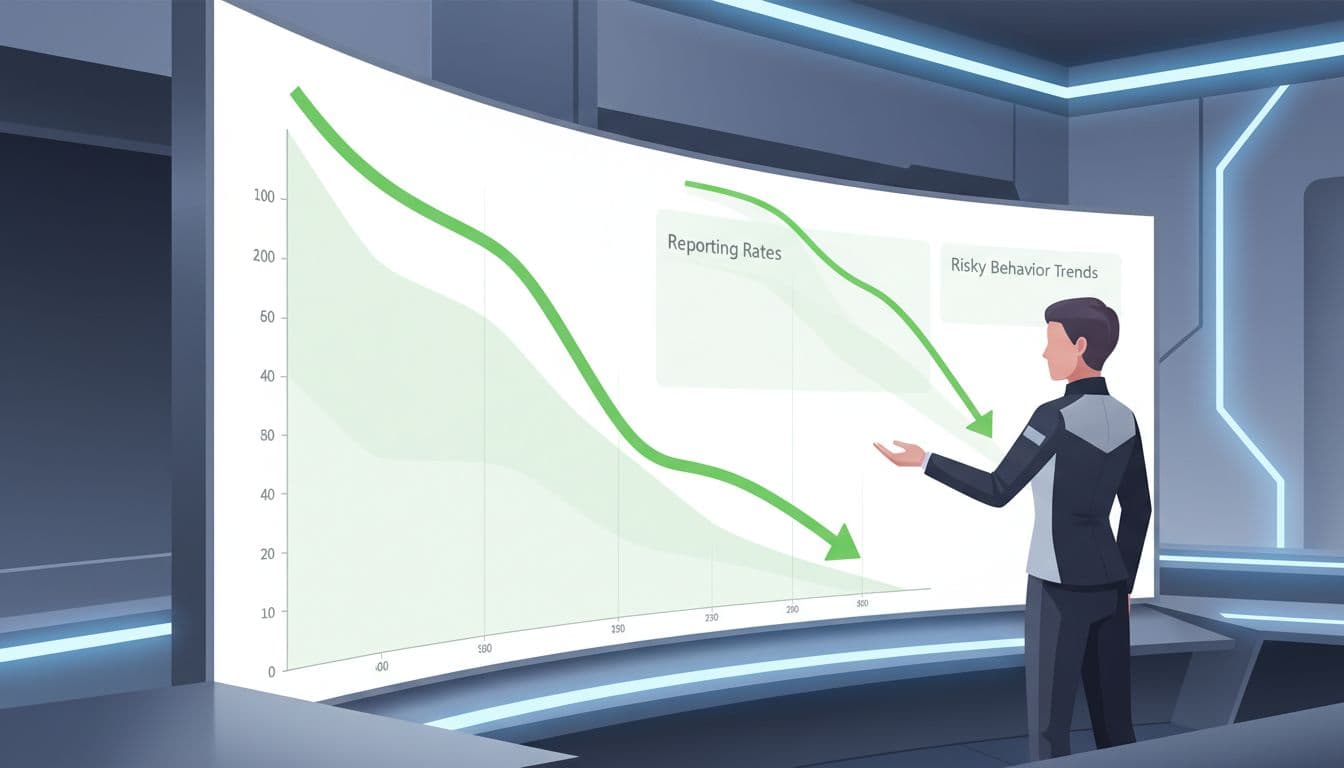 Modern illustration of a security analyst in a control room pointing at a large screen dashboard displaying security metrics with downward trends in risky behavior and positive reporting rates, using clean abstract graphs and controlled lighting.