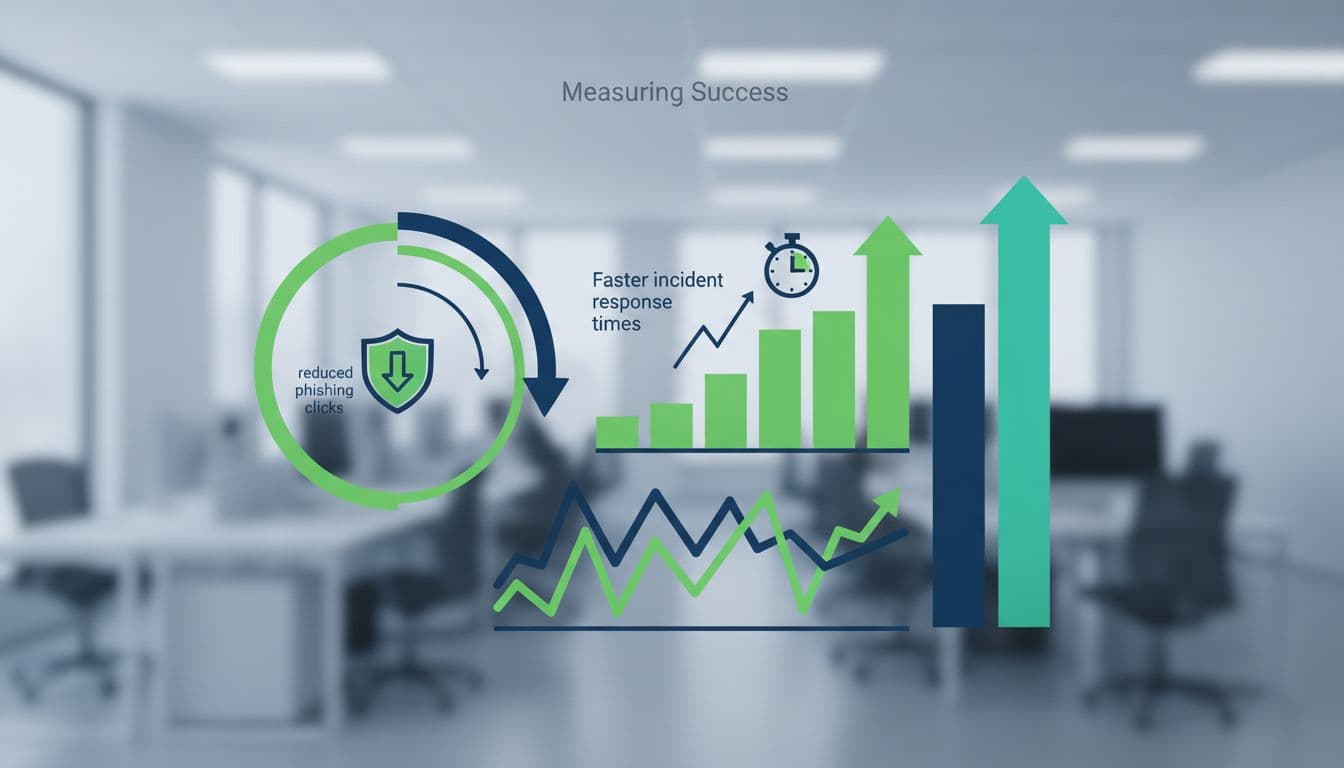 Modern vector illustration of a dashboard showing security KPIs like reduced phishing clicks and faster incident response, with abstract green rising charts on a blurred office background.