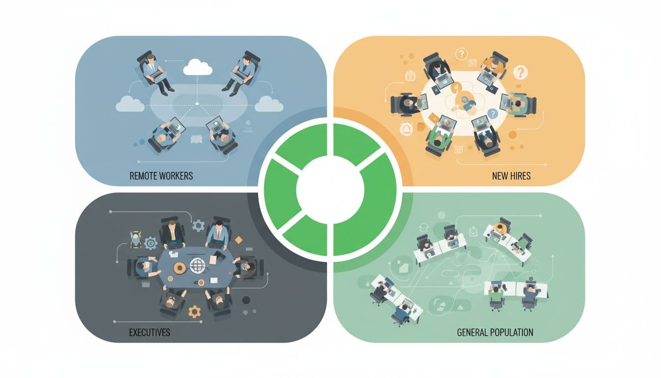 Modern illustration of diverse employee groups in a workplace, divided into four segments like remote workers, new hires, and executives, using clean shapes and green accents.