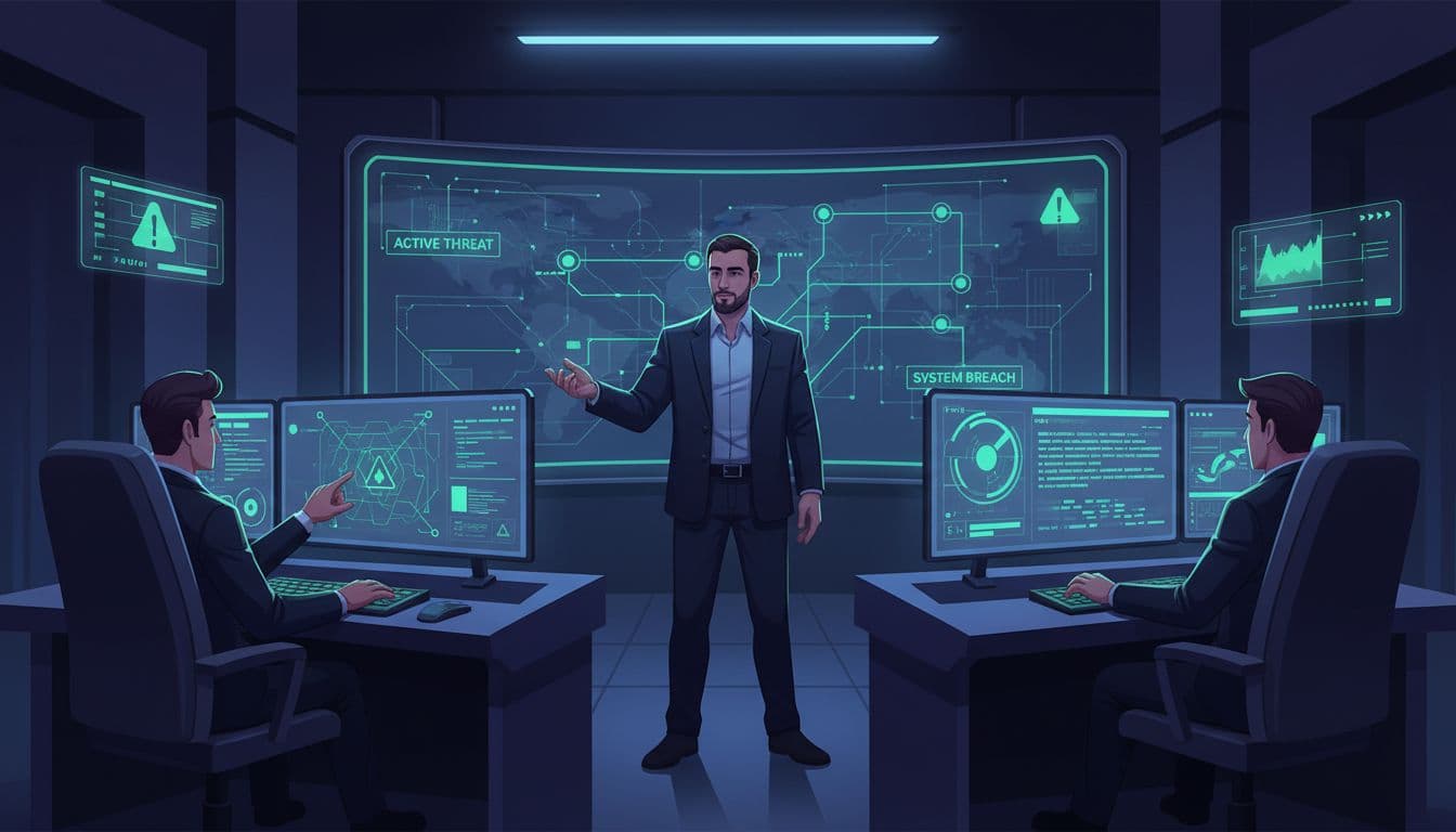 Modern illustration of a SOC team in a control room, with one leader directing two analysts at consoles monitoring screens during an incident response. Dim lighting highlights glowing screens, clean shapes, controlled colors, and strong composition using #22C55E accents on alerts.