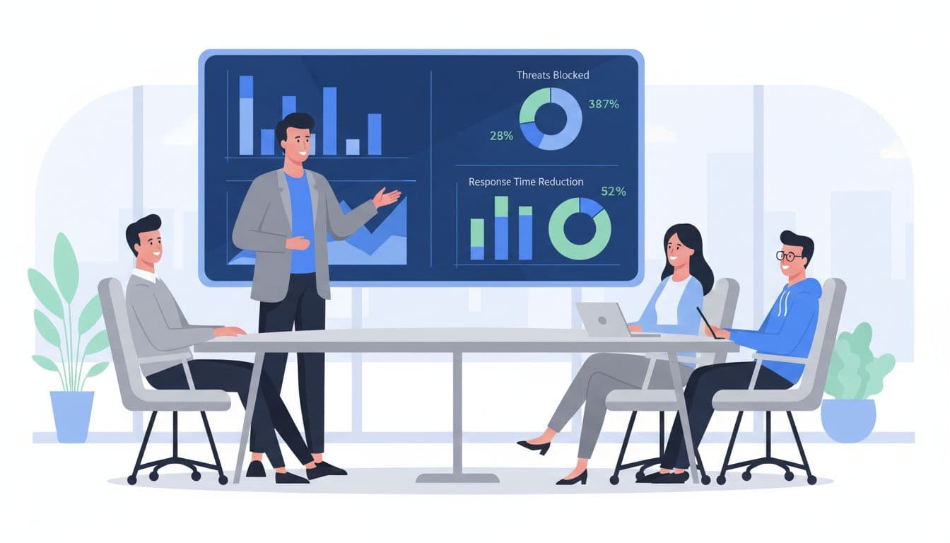 Modern illustration of a SOC manager confidently presenting key security metrics and KPIs to executives in a boardroom, featuring charts on screen with green highlights.