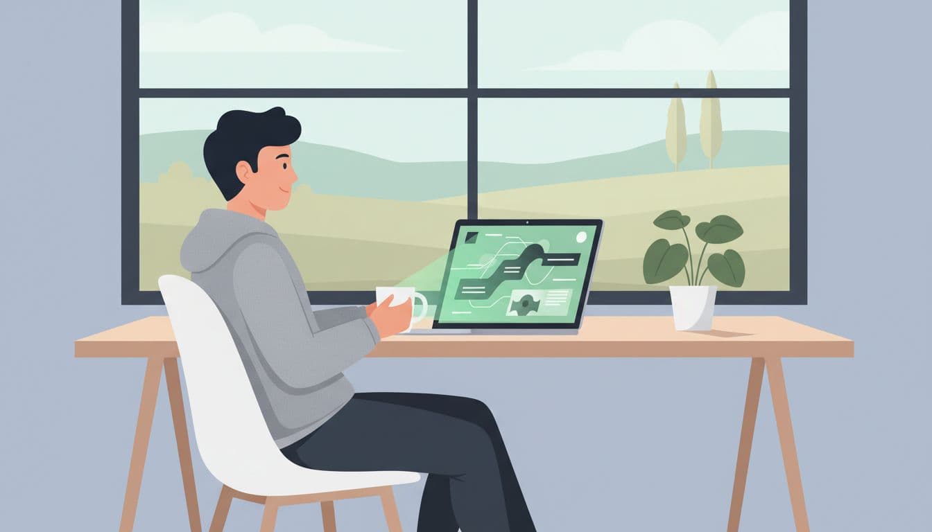 Modern illustration of a software engineer candidate completing an online coding challenge on a laptop at a home desk, in a relaxed pose with coffee mug and window view, centered on screen glow with soft daylight.
