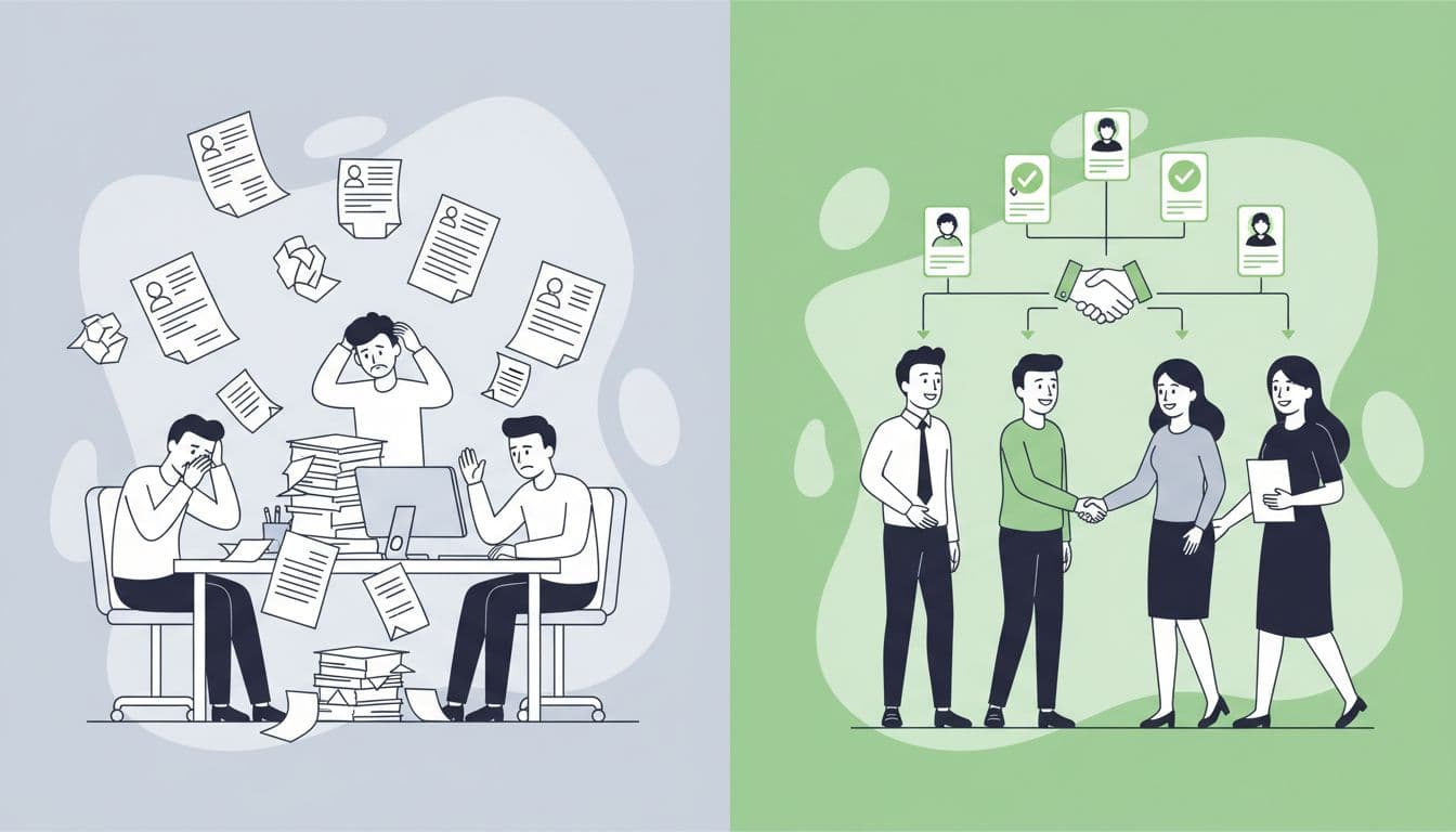 Modern illustration with split composition: left side shows generalist recruiter with scattered resumes and frustrated team; right side depicts specialized recruiter with targeted candidates and happy hires shaking hands, using clean shapes and green accents.