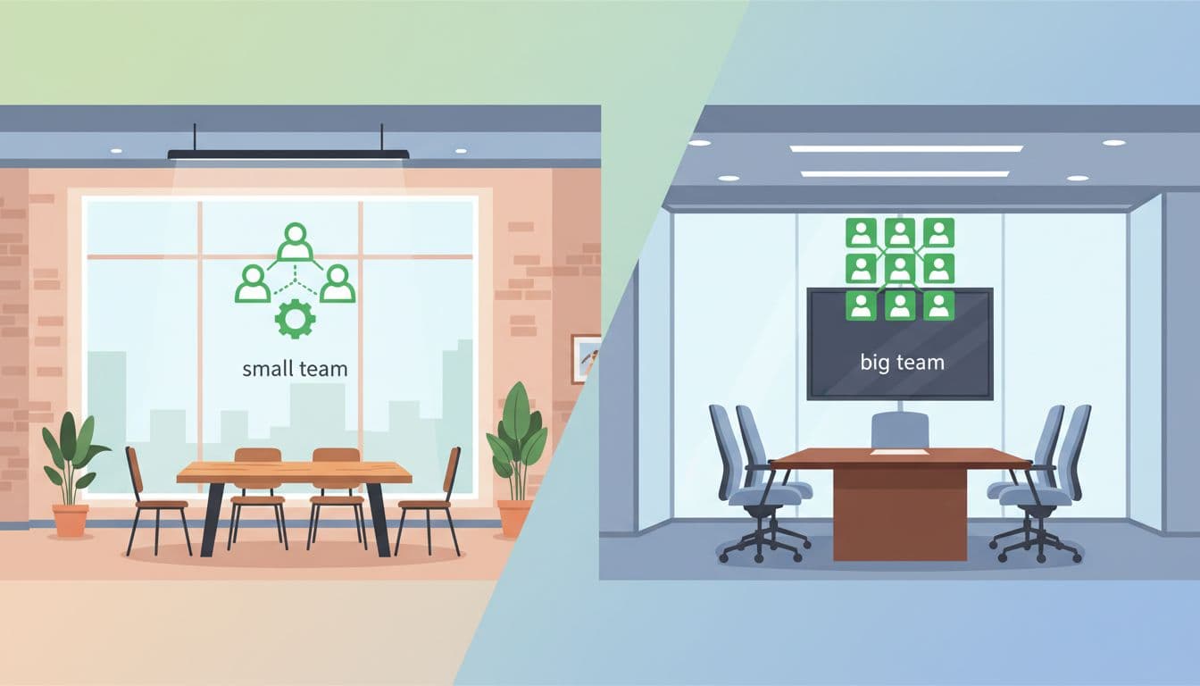 Side-by-side illustration contrasting a casual startup office interview setup with a formal corporate panel interview environment, featuring simple icons for small vs large teams in a modern style with clean shapes and light backgrounds.