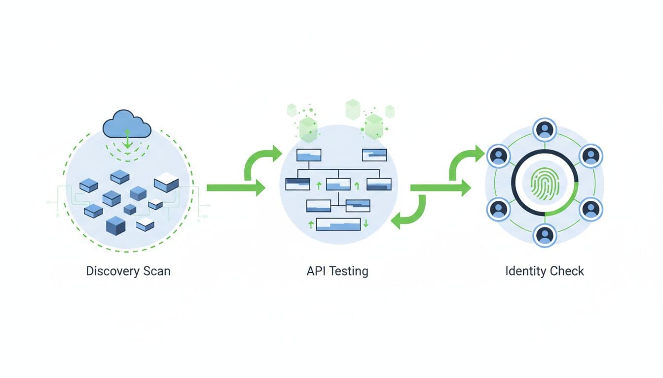 Modern illustration showing a continuous validation process on a dashboard with discovery scan, API testing, identity check, cloud service icons, and ephemeral containers in clean shapes and green accents.