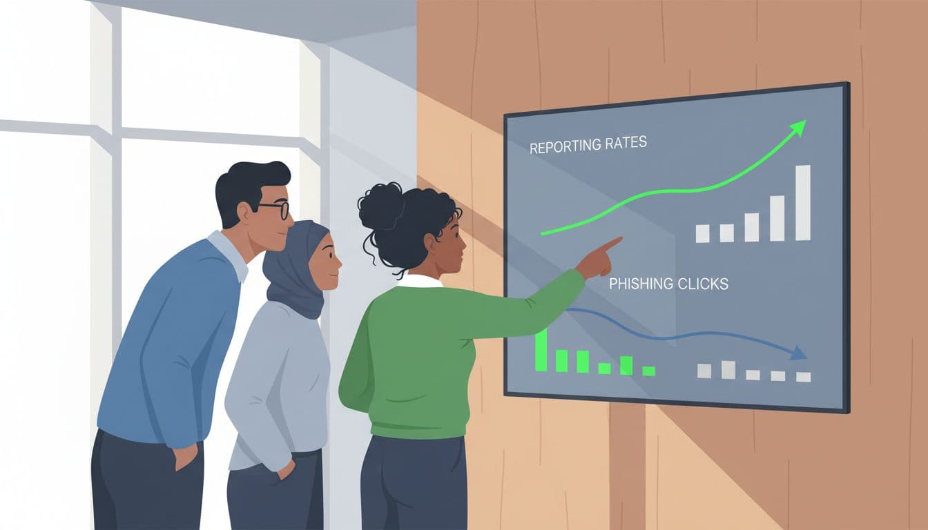 Modern illustration of a diverse team of three in an office setting reviewing a dashboard with charts showing rising reporting rates and declining phishing clicks, one pointing at the screen, using clean shapes and green accents on positive trends.