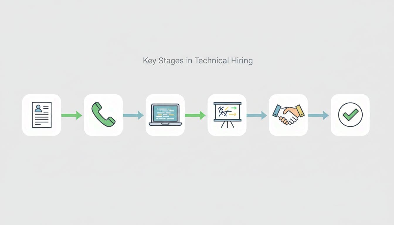 Horizontal flowchart illustrating the key stages of the technical hiring process from application screening to offer decision, using simple icons like resume, phone, code laptop, whiteboard, and handshake in a modern style with green arrow highlights.