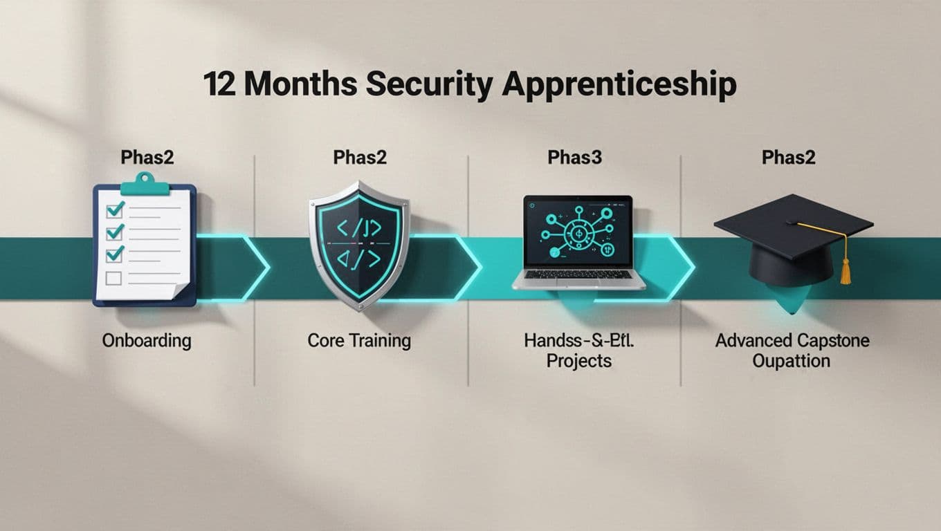 Modern horizontal timeline illustration of a 12-month security apprenticeship program divided into four quarters: onboarding, core training, hands-on projects, and advanced capstone, featuring relevant icons in a clean design with green accents.