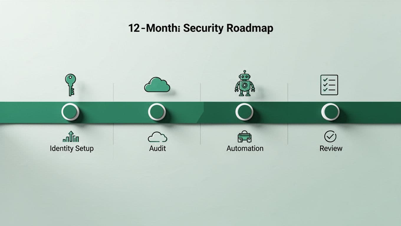 Horizontal green path divided into four quarters with icons of keys, clouds, robots, and checklists.