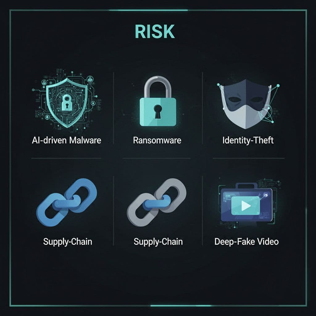 Modern illustration of key 2026 cybersecurity threats icons in a risk dashboard, featuring AI malware, ransomware, identity theft, supply chain attacks, and deepfakes on a dark background with green safe zone.