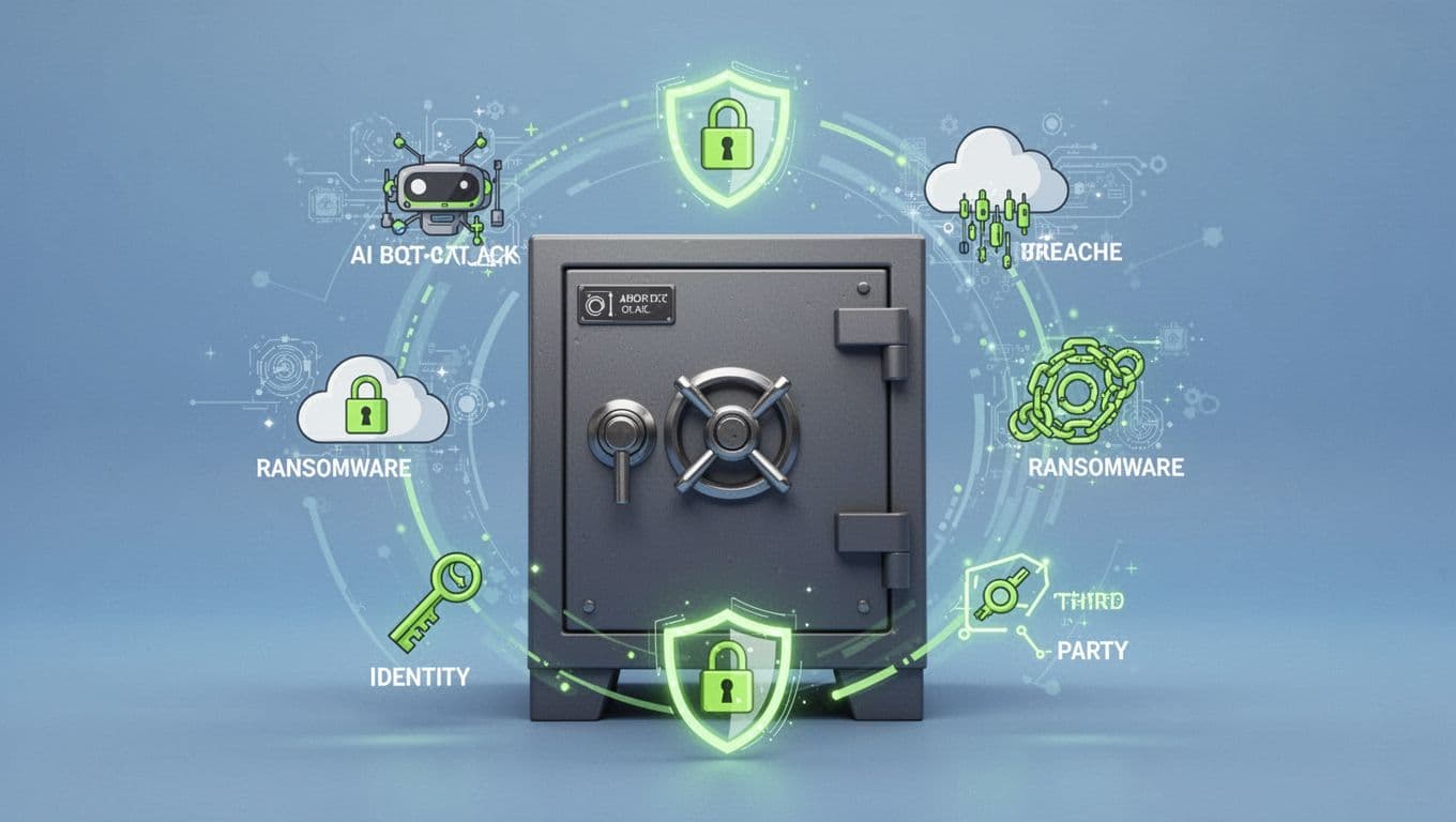 Central locked vault surrounded by icons of AI attacks, cloud breaches, ransomware chains, identity keys, and third-party links on blue background.