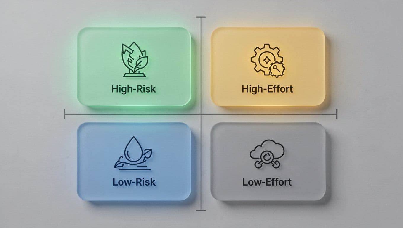 Modern illustration of a 2x2 matrix for prioritizing security fixes, with horizontal axis from low to high Remediation Effort and vertical axis from high to low Risk Score, quadrants accented by color and icons.