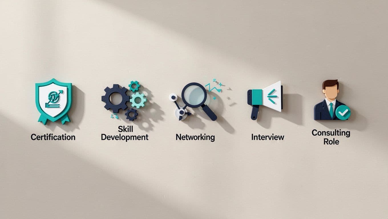 Step-by-step infographic timeline from 3 to 12 months featuring icons for certifications, skills, networking, and interviews leading to a consulting role on a neutral background with modern clean shapes and green accents.