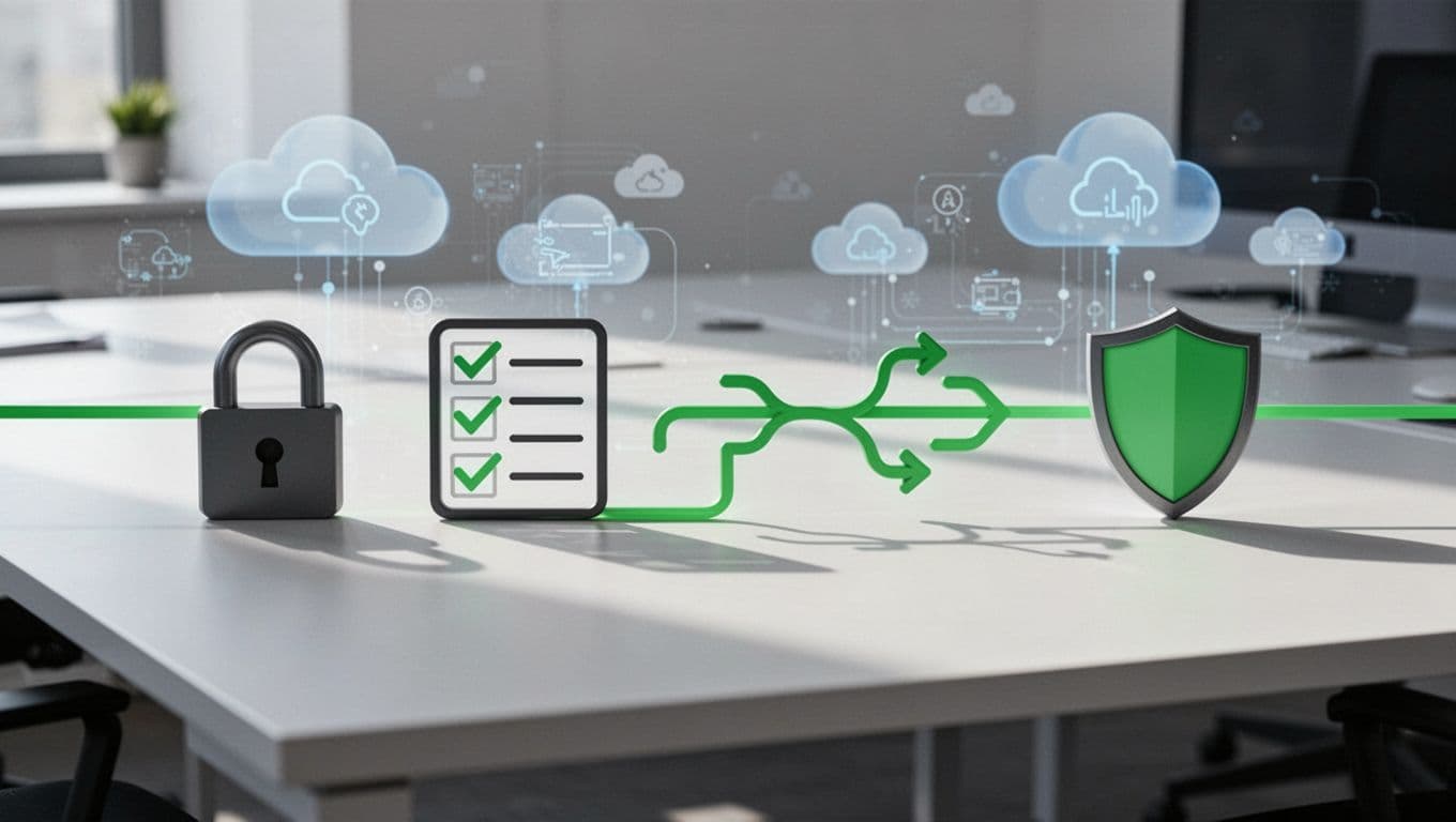 Horizontal timeline illustration depicting security integration phases: Day 1 readiness with lock icon, 30 days assessment with checklist, 60 days integration with connect arrows, 90 days optimization with shield, on a subtle modern office desk background with hybrid cloud elements and green timeline path.