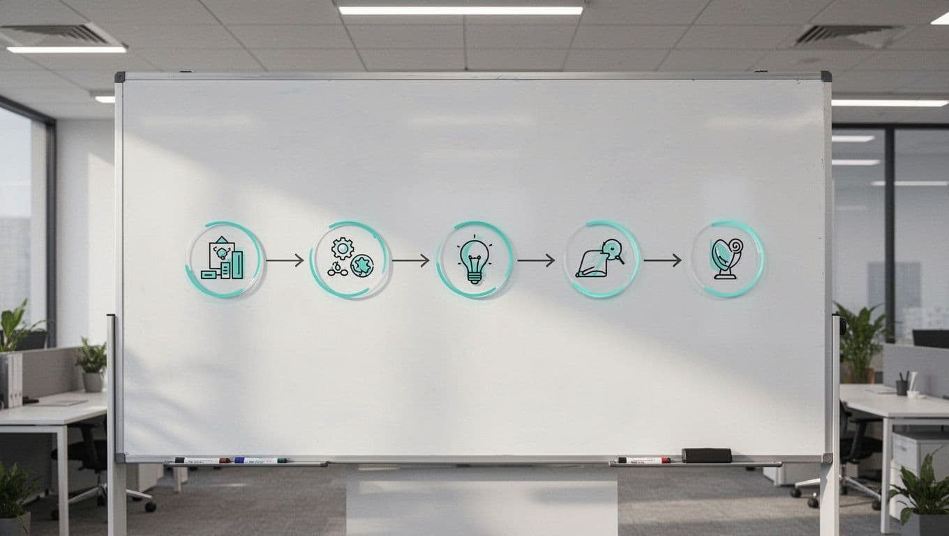 Modern illustration of a simple 5-step workflow flowchart for account verification on a digital whiteboard in an office, featuring central composition with connecting arrows, neutral background, and green accents on step icons.
