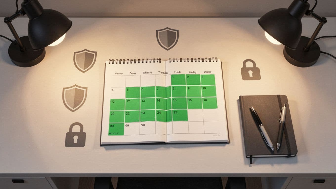 Top-down view of a desk calendar marked for days 1-90 with security icons like shields and locks, notebook, pen in modern home office. Clean modern illustration with green highlights and warm lamp lighting.
