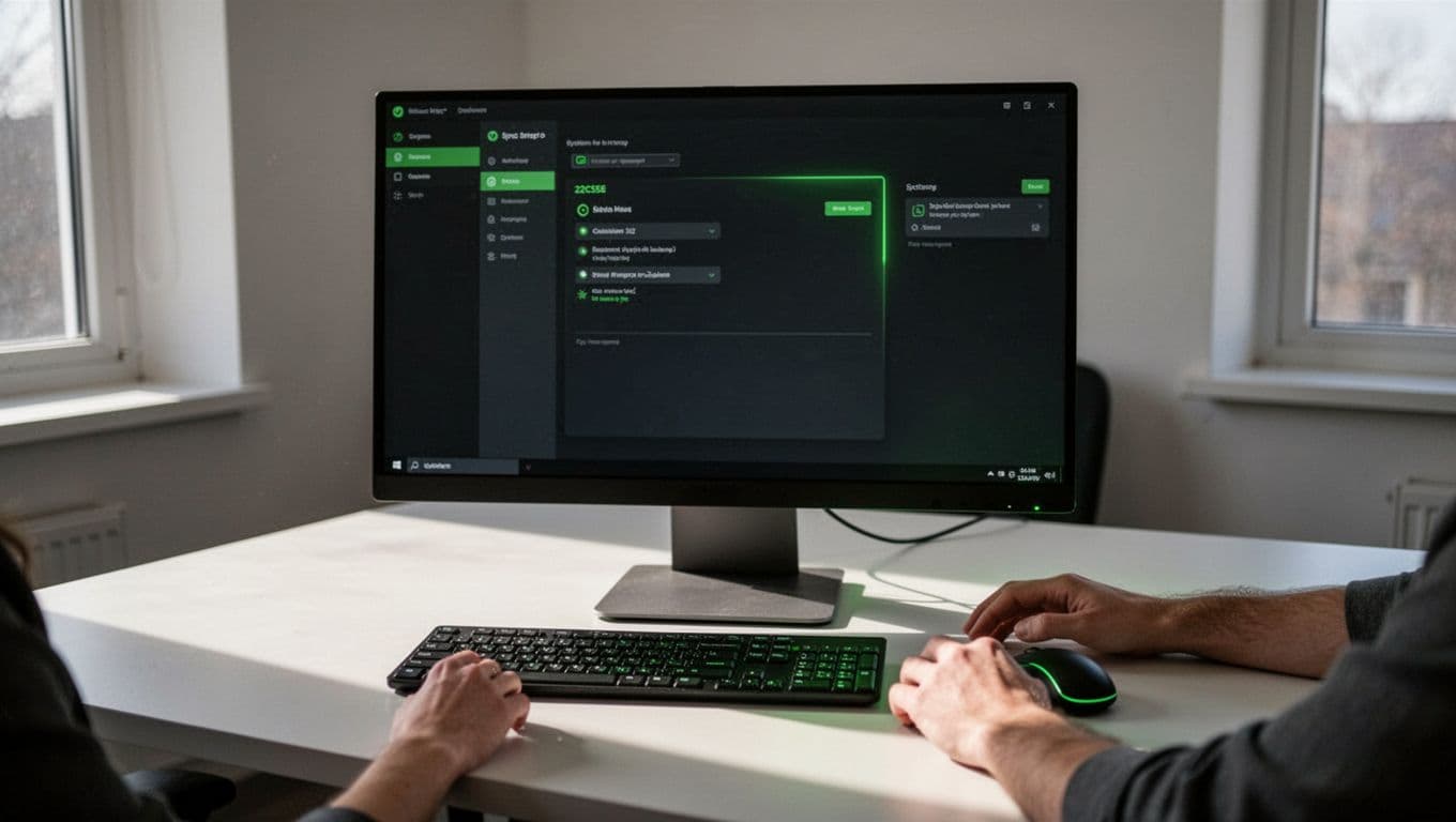 Modern illustration of a desktop computer screen showing blurred Active Directory console or PowerShell output listing dormant user accounts with last logon dates, on an office desk with keyboard, mouse, and one person's hands resting nearby.