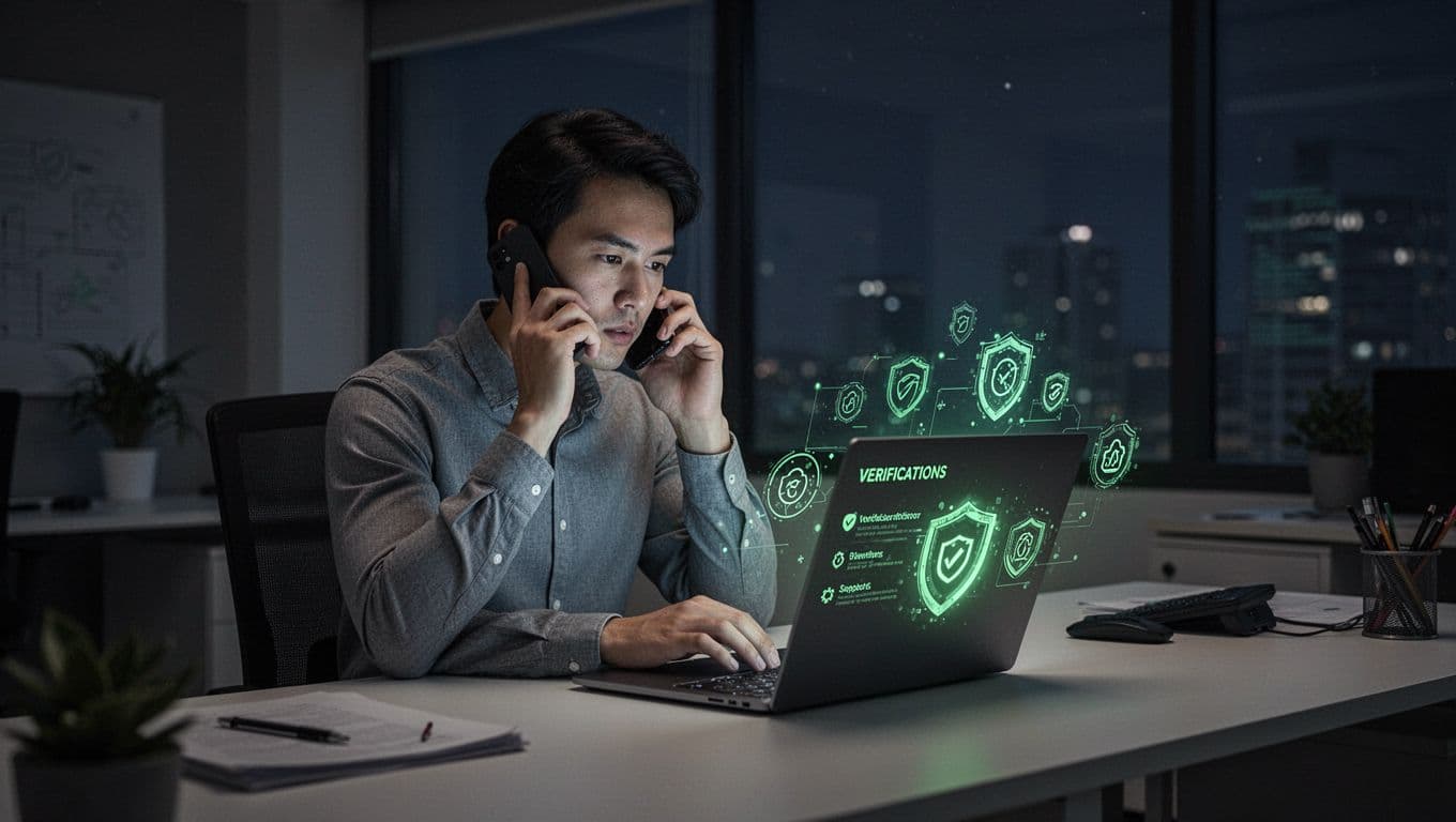 Modern illustration of an IT support agent handling an after-hours VIP password reset phone call in a dim night-time office, using a secure laptop for verification steps with a focused expression and clean shapes highlighted on secure icons.