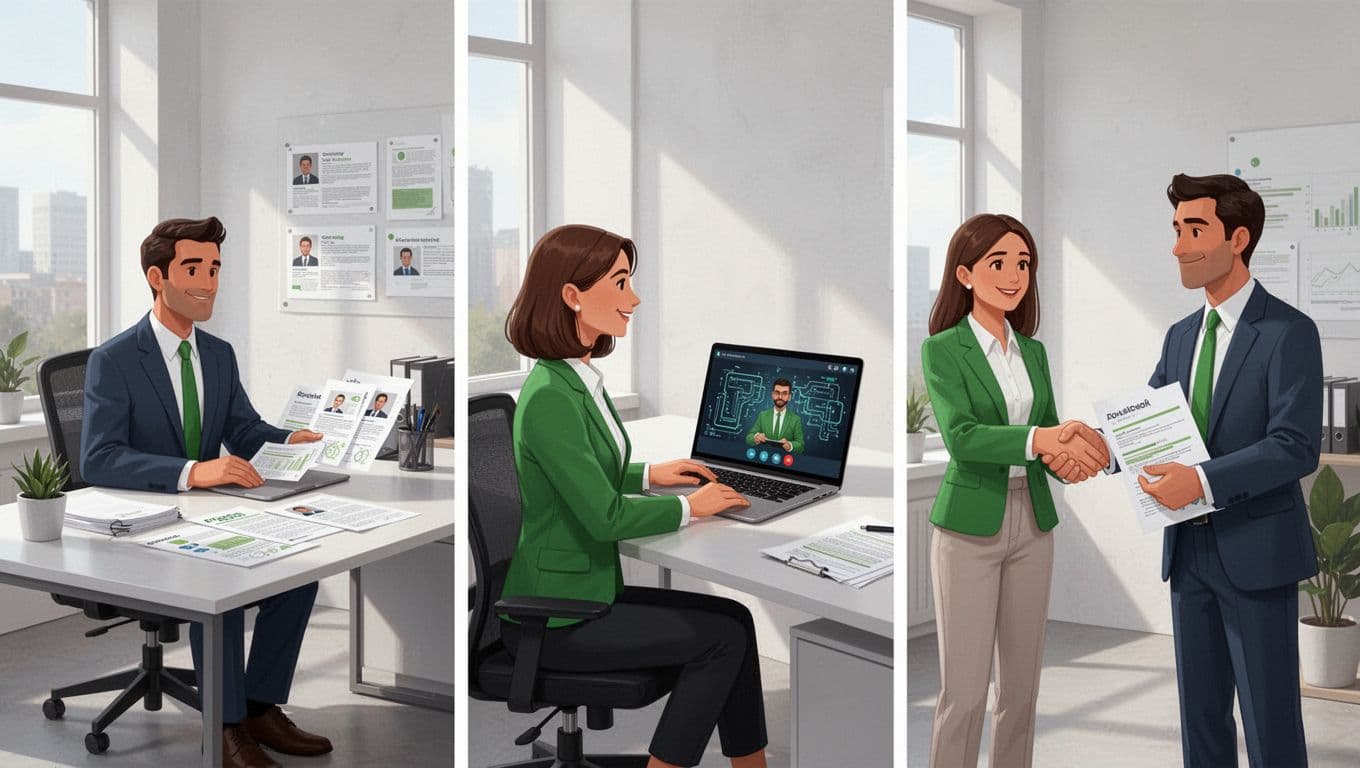 Modern three-panel illustration showing hiring manager reviewing agency candidate profiles, recruiter conducting video screening interview, and final contract-to-hire handshake in professional office setting.