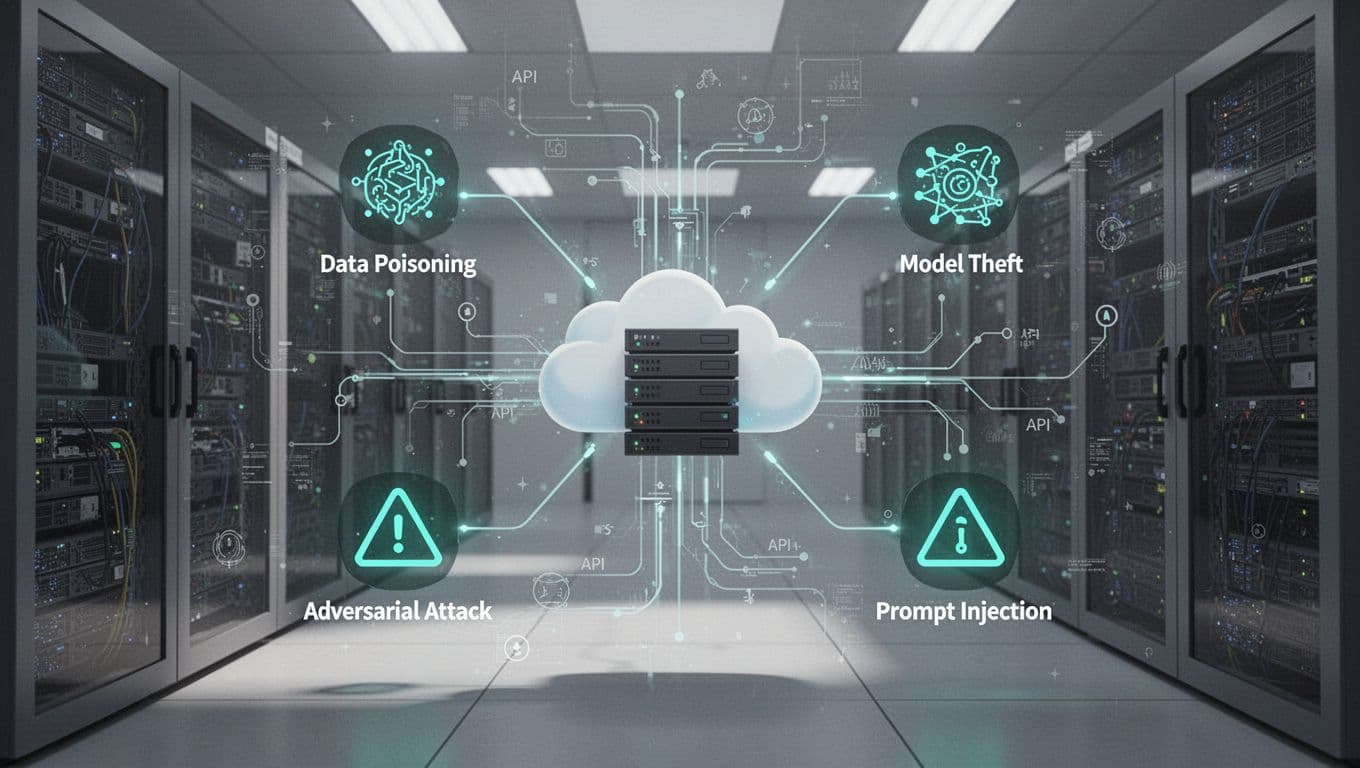 Central cloud server hub connects to icons depicting data poisoning, model theft, adversarial attacks, and prompt injection.