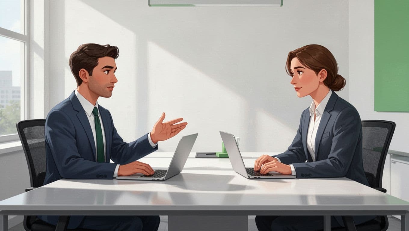 Interviewer and candidate sit across office desk, candidate gesturing naturally with laptop nearby.