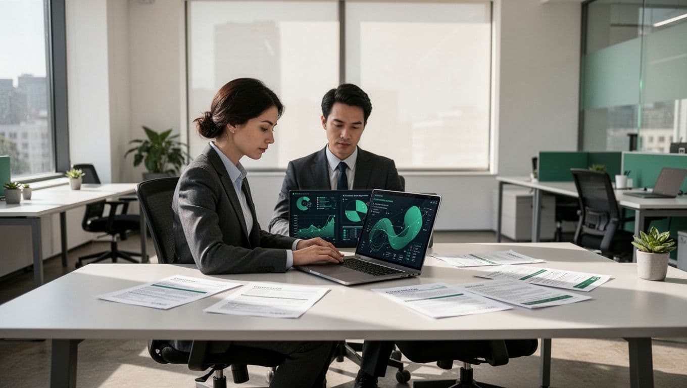 Specialist seated at desk in modern office with laptop showing risk charts and governance papers.