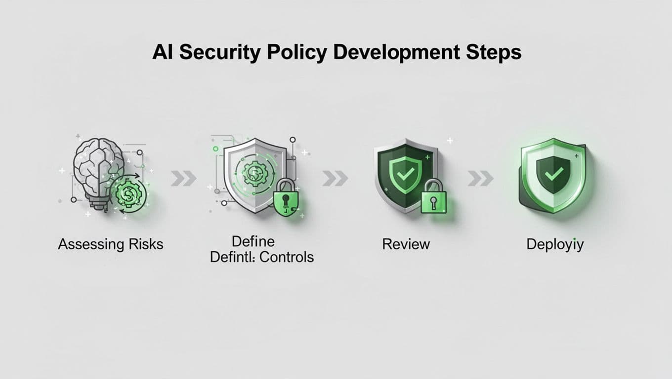 Horizontal flowchart with simple icons for assessing risks, defining controls, reviewing, and deploying AI security policies, using clean shapes and green accents.