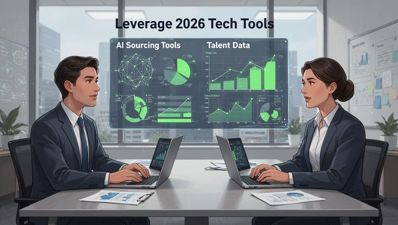 Modern illustration of two professionals in a focused meeting at a table with laptops, reviewing AI sourcing tools and talent data charts highlighted in green in a professional office. Exactly two people visible with relaxed hands, no text or additional elements.