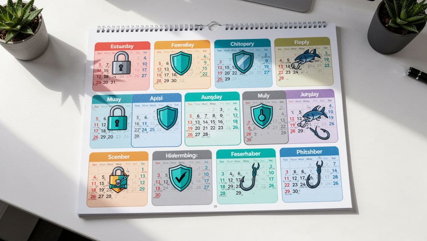Modern illustration of a colorful annual calendar on a desk with security icons like locks, shields, and phishing hooks placed on monthly squares. Clean shapes, controlled colors with #22C55E accents on key dates, strong composition from above, bright office lighting.