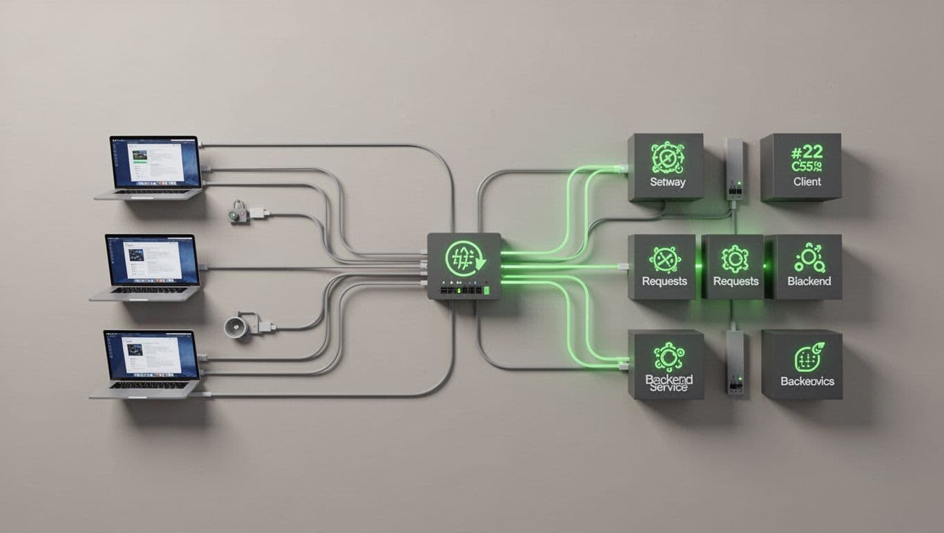 Frontend clients connect to central gateway routing to backend microservices, with authentication and rate limiting security layers.