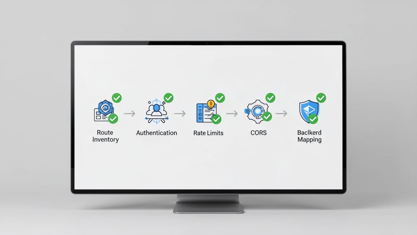 Digital screen displays checklist for API gateway audit steps with icons and green checkmarks.