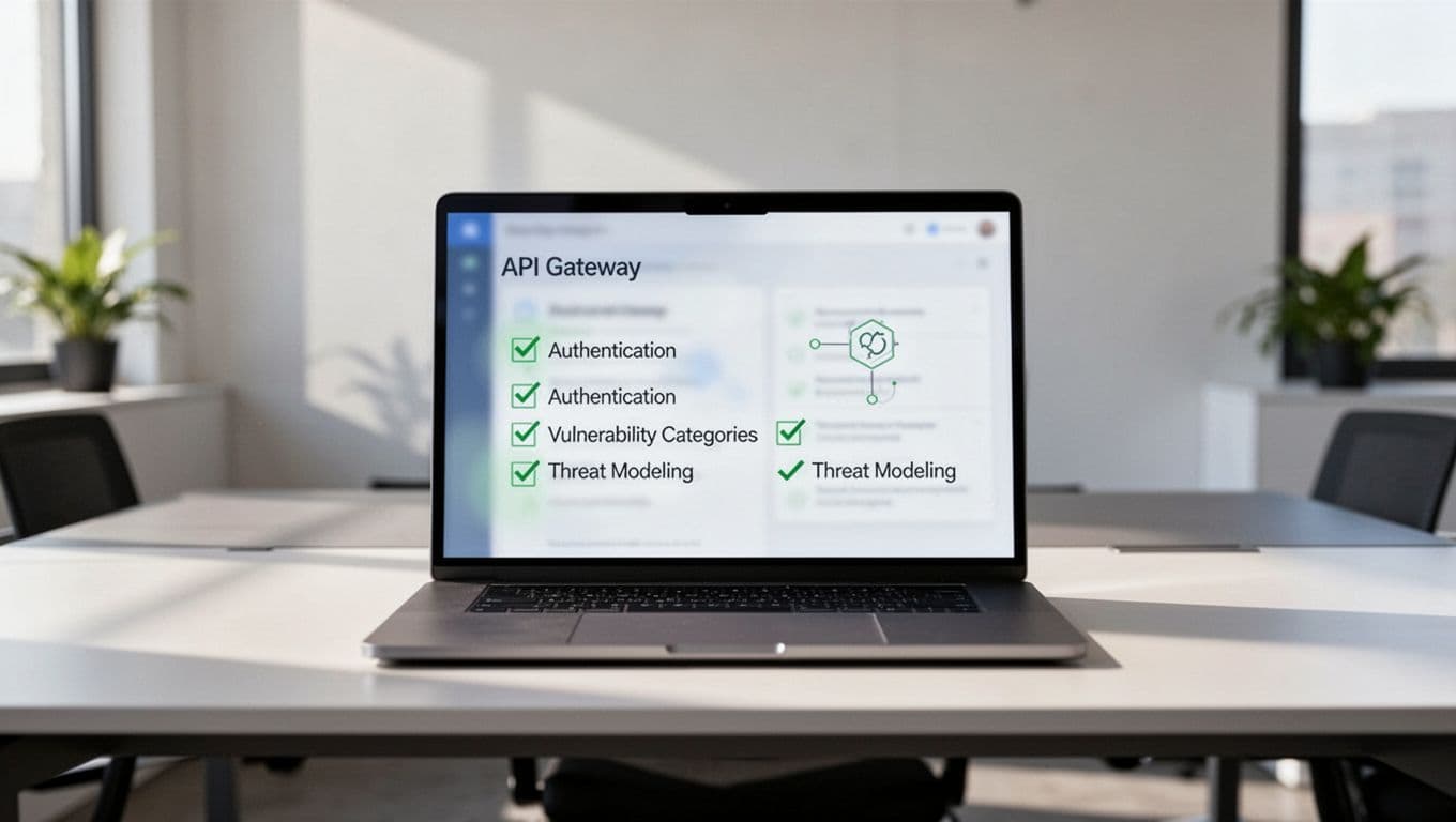 Checklist icons for OAuth, OWASP Top 10, and threat modeling next to laptop with blurred API gateway.