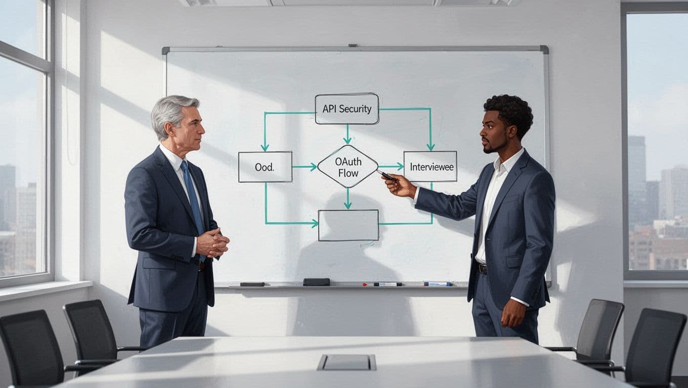SaaS CTO and API security candidate discuss simple OAuth diagram on whiteboard in bright conference room.