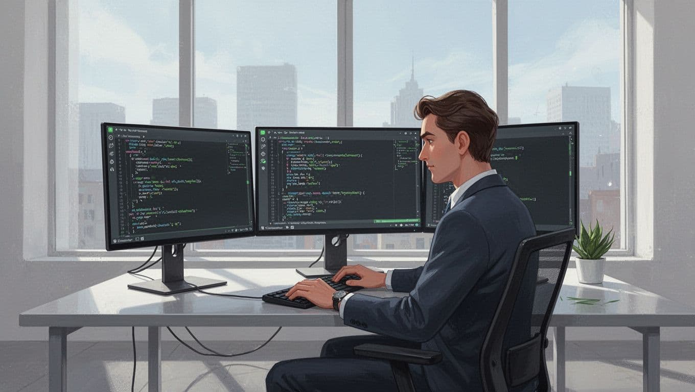 Modern illustration of a professional application security consultant at a desk reviewing code on dual monitors in a modern office, with a focused expression, clean shapes, and green accents on UI elements.