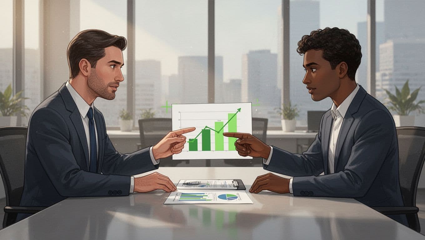 Modern illustration depicting a security leader and AppSec candidate in a hiring interview discussing app security at a table, with clean shapes, green highlights, side view, professional office lighting, and relaxed poses.