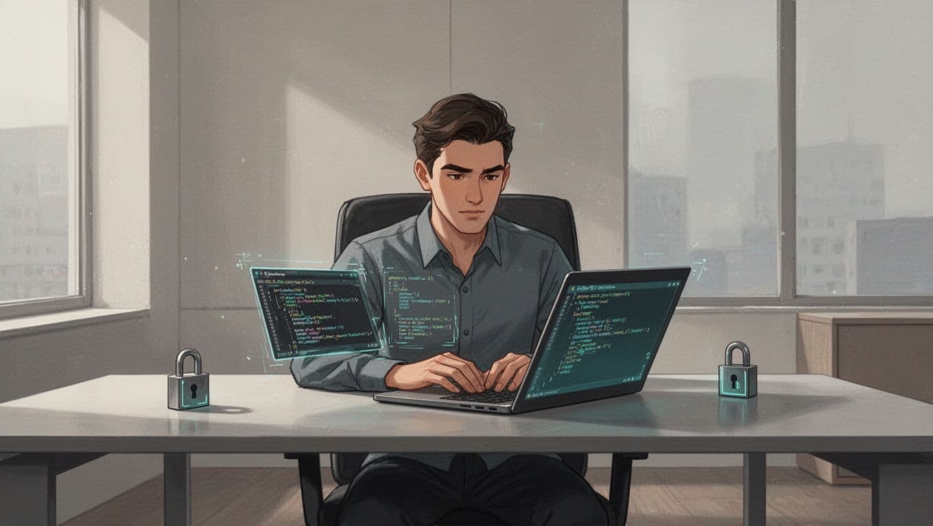 Modern illustration of a professional application security manager reviewing code on a laptop in a modern office, featuring clean shapes, controlled colors with green accents on UI elements, secure lock icons, and natural lighting.