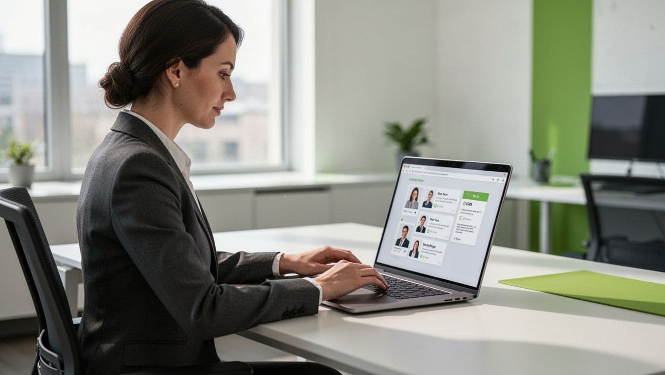 Modern illustration of a professional recruiter in a bright office reviewing candidate profiles for application security roles on a laptop, with relaxed hands on desk, clean shapes, green accents on resume highlights, side angle composition, and natural lighting.