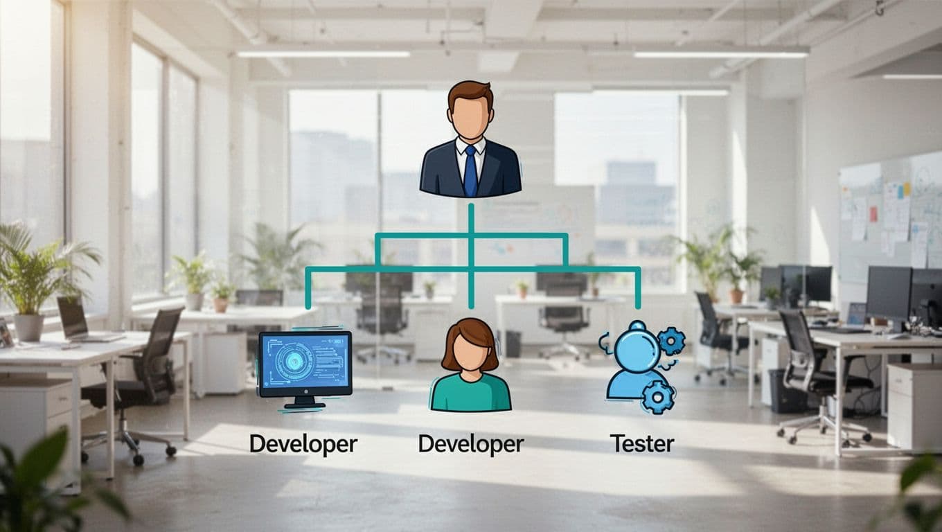 Modern isometric illustration of an application security (AppSec) team hierarchy, with a manager at the top connected to developers and testers using clean shapes, abstract icons, and green lines on a bright workspace background.