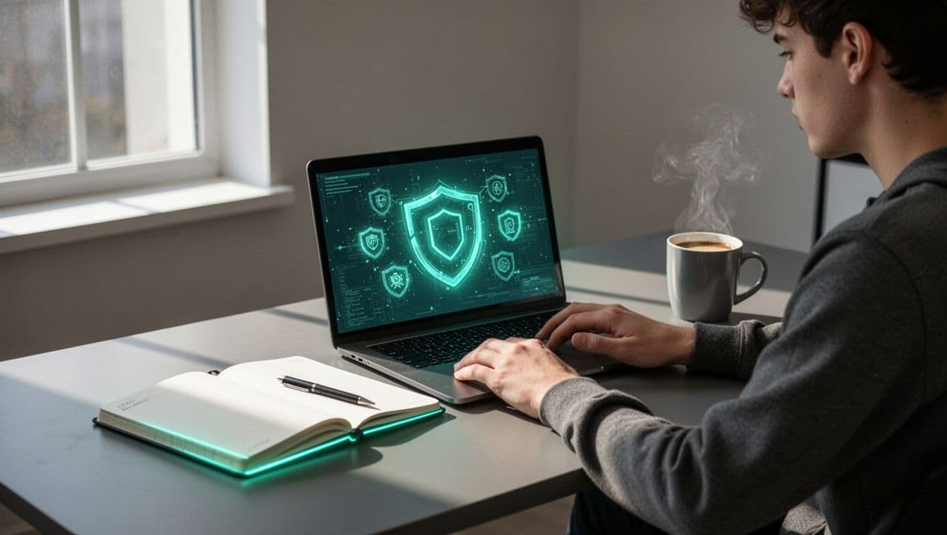 Modern illustration of a young cybersecurity consultant at a clean desk with laptop displaying security icons, open notebook, and coffee mug, focused on foundational certifications.