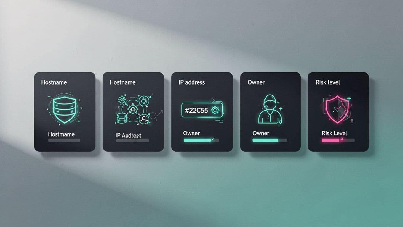Clean illustrated table or cards with icons for hostname, IP, owner, and risk level fields.